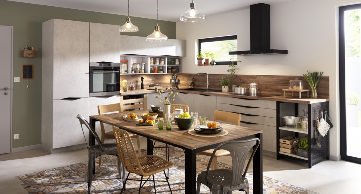 Warm contemporary kitchen with open shelving and dining table