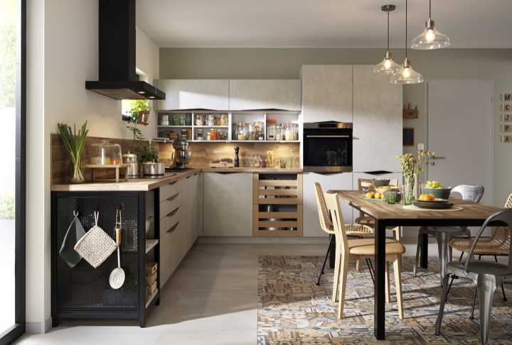 Warm kitchen showroom display with open shelving