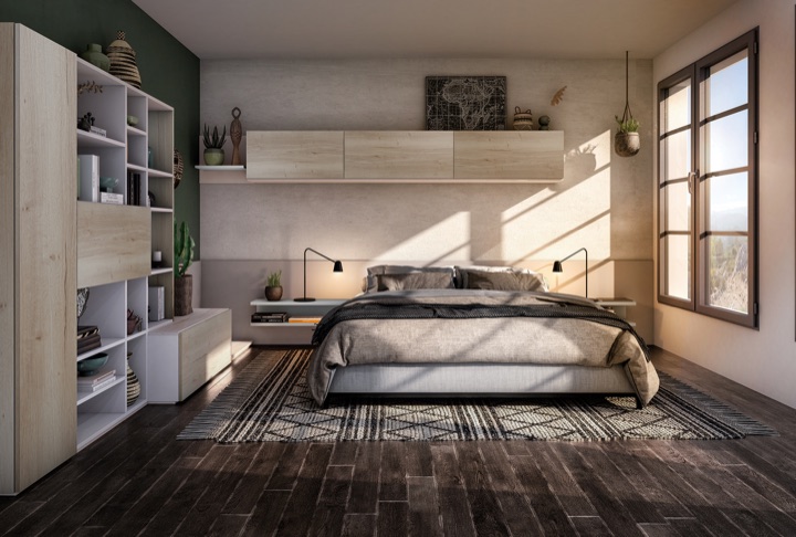 Bedroom with warm wood, stone tones, and soft natural light