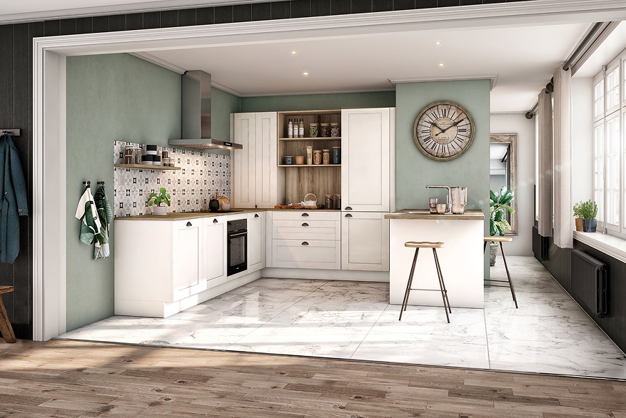 Classic kitchen with sage walls, marble floor, and open breakfast bar