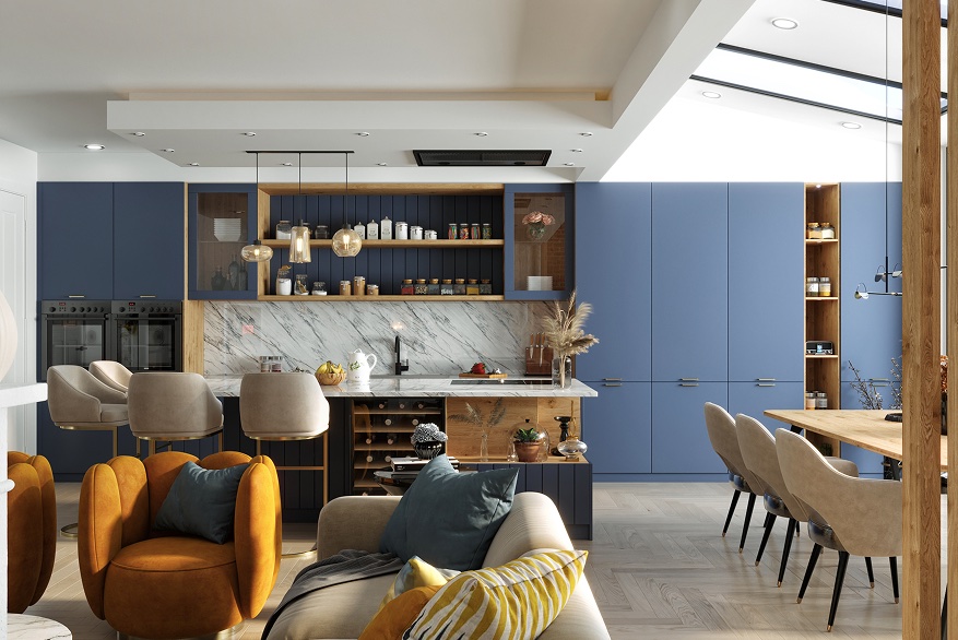 Blue wardrobe and open-plan kitchen living space